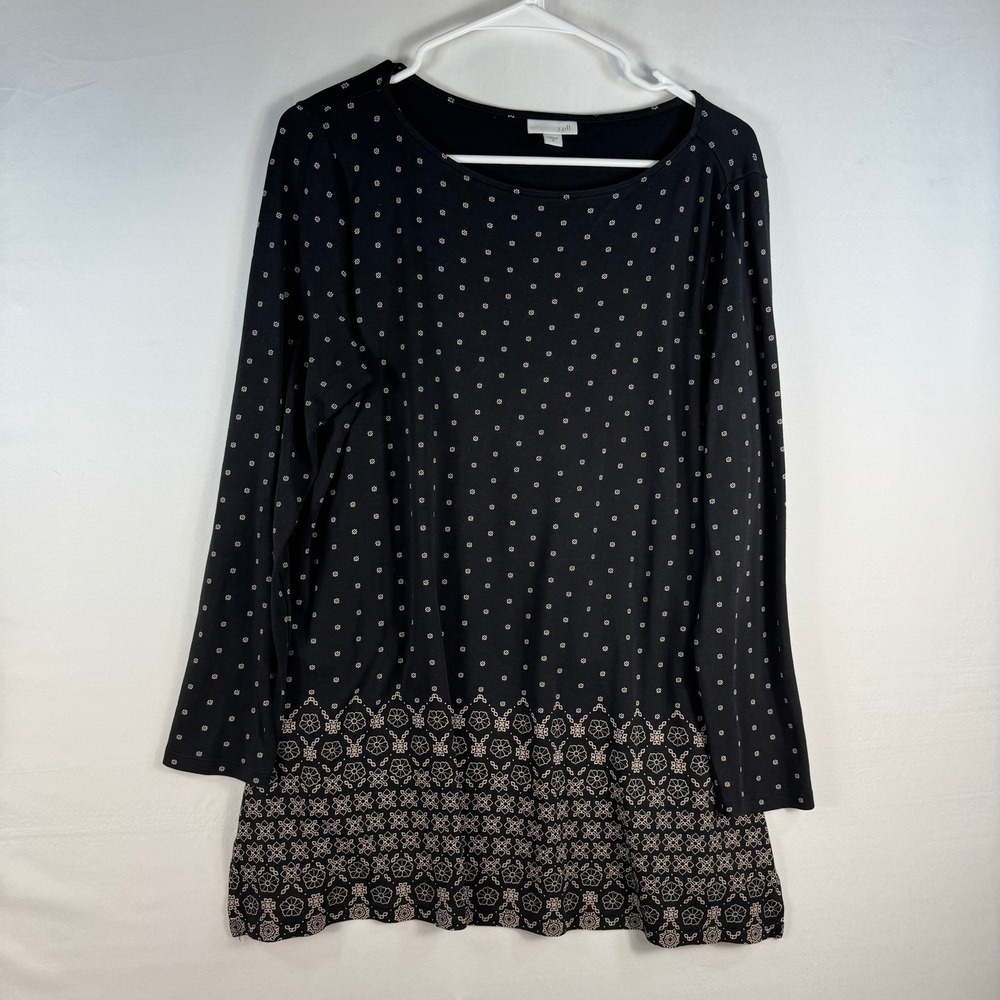J. Jill Womens Black Polka Dot Long Sleeve Tunic Top Geometric Border Print M